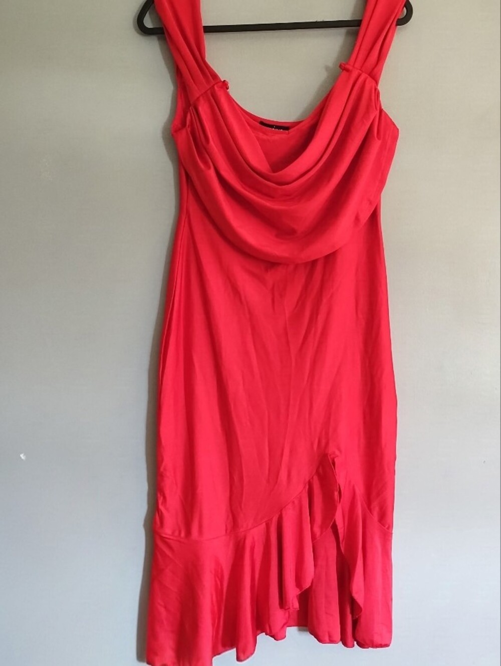 Draped Cowl Neck Red High-Low Dress